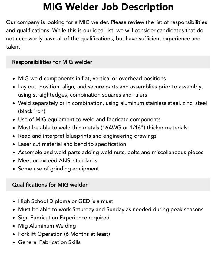 Qualifications, Training, and Certifications - mig welder employment